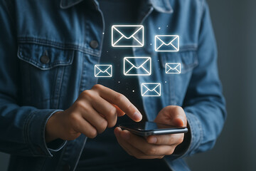 Man Holding Smartphone with Digital Email Icon – Email Spam and Phishing Alert Concept in Cybersecurity

