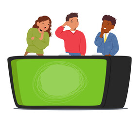 Team of children intellectuals cartoon characters playing competitive quiz game participating show