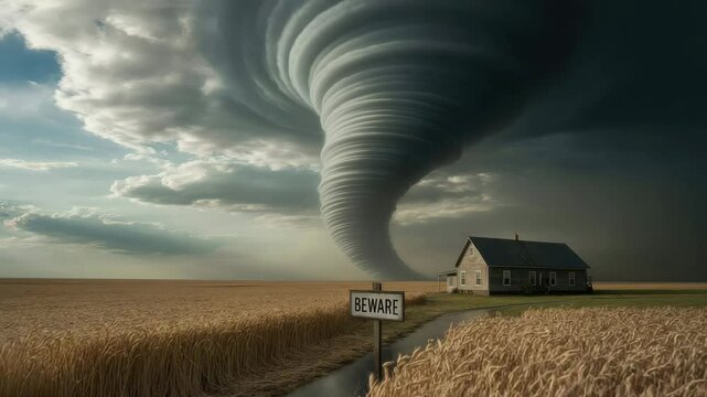 Tornado over farmland with a house and a beware sign. Storm concept.