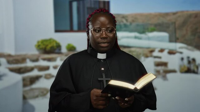 Woman with glasses and red braids wearing clergy attire holds book and points while standing outdoors beside white building with greenery and stone steps nearby indicating conversation.