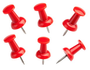 Six red push pins with pointed metal tips arranged in various orientations.