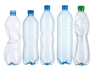 Five clear plastic bottles with blue and green caps, some are crumpled while others are intact, all standing upright.