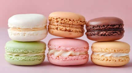 Obraz premium Colorful Macarons Nicely Stacked on Pink Background Displaying Desserts and Sweets Delicacies