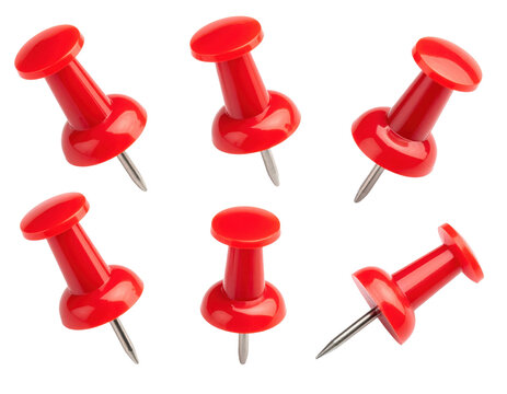 Six red push pins with pointed metal tips arranged in various orientations.