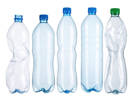 Five clear plastic bottles with blue and green caps, some are crumpled while others are intact, all standing upright.