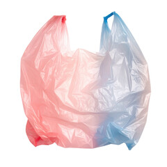 A lightweight plastic shopping bag with red and blue hues, featuring handles and a wrinkled texture.
