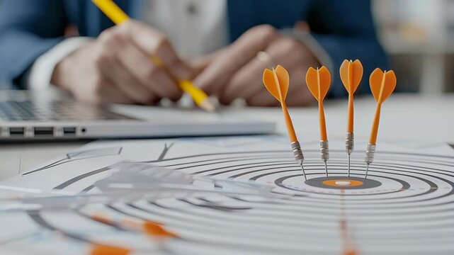 A person analyzes performance with attention to target achievement, using strategies at a modern desk with a laptop