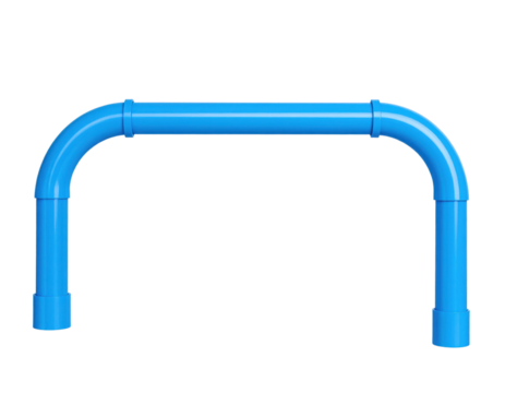 A blue U-shaped plastic pipe segment with smooth curves and joint connectors at each end.