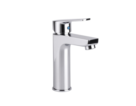 Modern single-handle chrome faucet with a sleek design and a lever for controlling water flow and temperature.