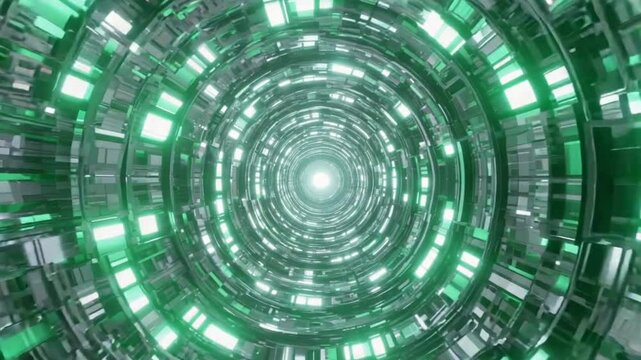 Flowing beams of prismatic light pass rotating geometric patterns fractals, hexagons, triangles a kaleidoscope tunnel, fast-paced, strobing motion, seamless loop, 3D render, glowing refraction - Powered by Adobe