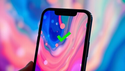 Smartphone screen shows green checkmark on blurred abstract background,  abstract,  success