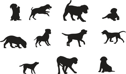 Silhouette Collection of Playful Puppies and Dogs in Various Poses – Perfect for Pet Illustrations, Design Projects, and Animal Graphics flat vector illustration