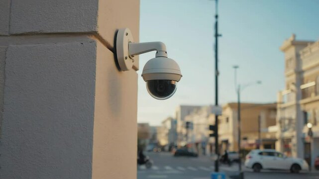 White Dome Security Camera Mounted on Building Wall Overlooking City Street at Dusk