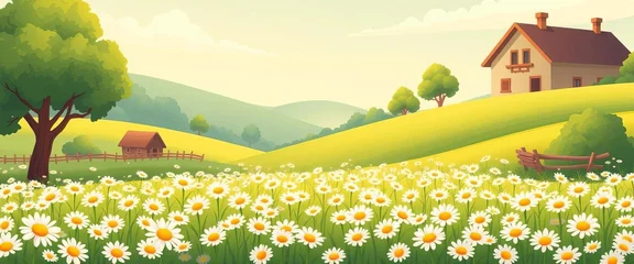 Fotobehang Cartoon vector illustration of a cute rural landscape with a field of daisy flowers and trees, vector, whimsical © rattana