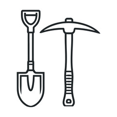 Shovel and Pickaxe Outline Icons Construction and Mining Tools Agricultural Equipment Gardening and Farming Vector Illustration