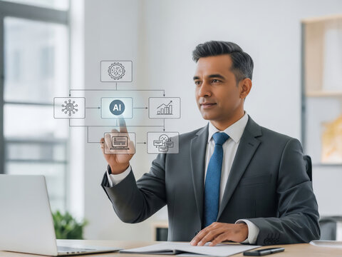 Man in Suit Interacting with Digital Interface Enhancing Business Process Efficiency and Automation Solutions