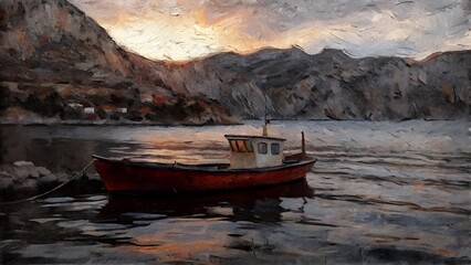 "Solitary Boat at Dusk in a Mountain Bay – Oil Painting"