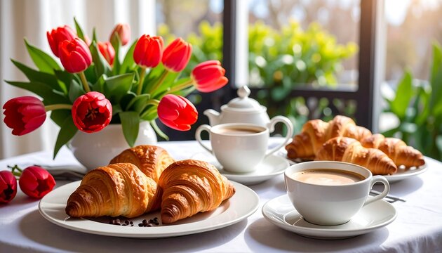 Spring breakfast croissants with coffee, and tulips.