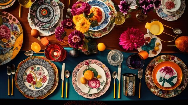 Flat lay of a maximalist table setting, bold prints, layered plates, saturated colors