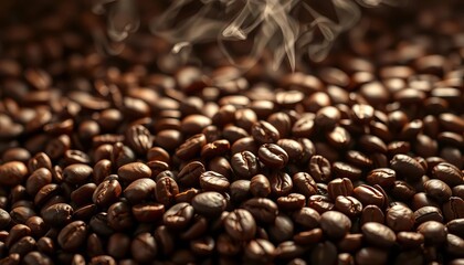Close-up of aromatic coffee beans steaming, rich brown tones,  delicious,  coffee