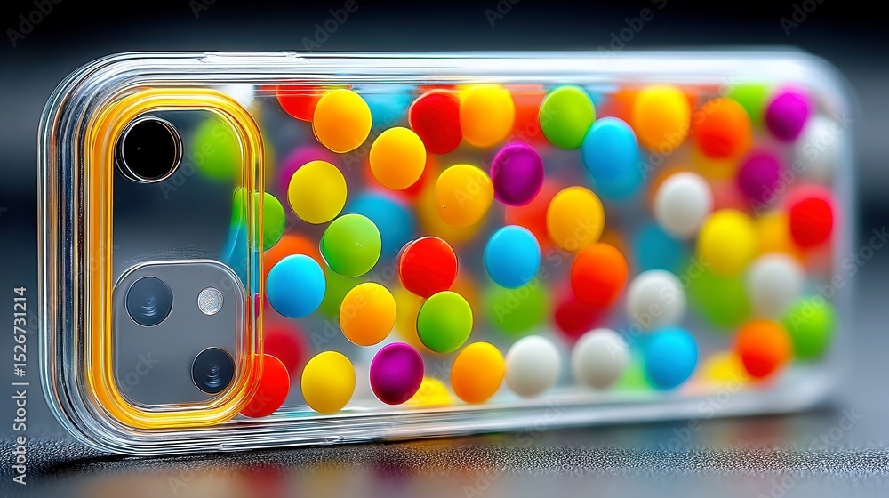 Poster colorful polka dot phone case design, vibrant clusters of color on a translucent matte background, p