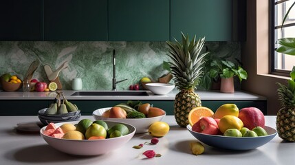 Flat lay of a modern tropical kitchen, fruit bowls, marble counters, greenery backdrop