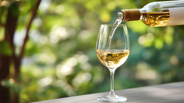 Refreshing pour of white wine into a sparkling glass amidst a lush garden setting in the golden sunlight