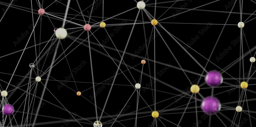Poster Stock photo of an abstract network with colorful nodes connected by lines. Perfect for technology, connection, and networking concepts.