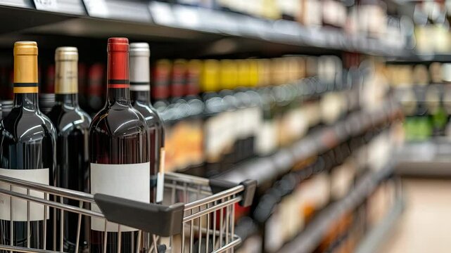 A shopping cart holds several wine bottles while shoppers browse through the grocery store aisle after work