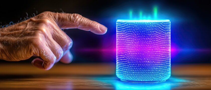 Elderly man's hand using a pastel-toned voice assistant in a sunlit room, concept of tech for aging society