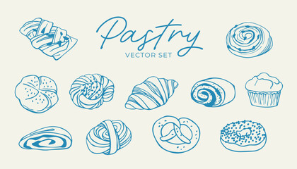 Hand drawn pastries including various sweet breads. Modern vector set of bakery products and breakfast food