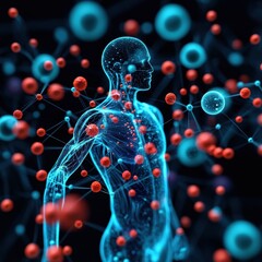 nanotechnology, nanoparticles and medicine Digital illustration of a human figure surrounded by molecular structures and vibrant particles.