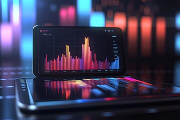 Digital financial data displayed on a tablet and smartphone, showcasing vibrant bar charts