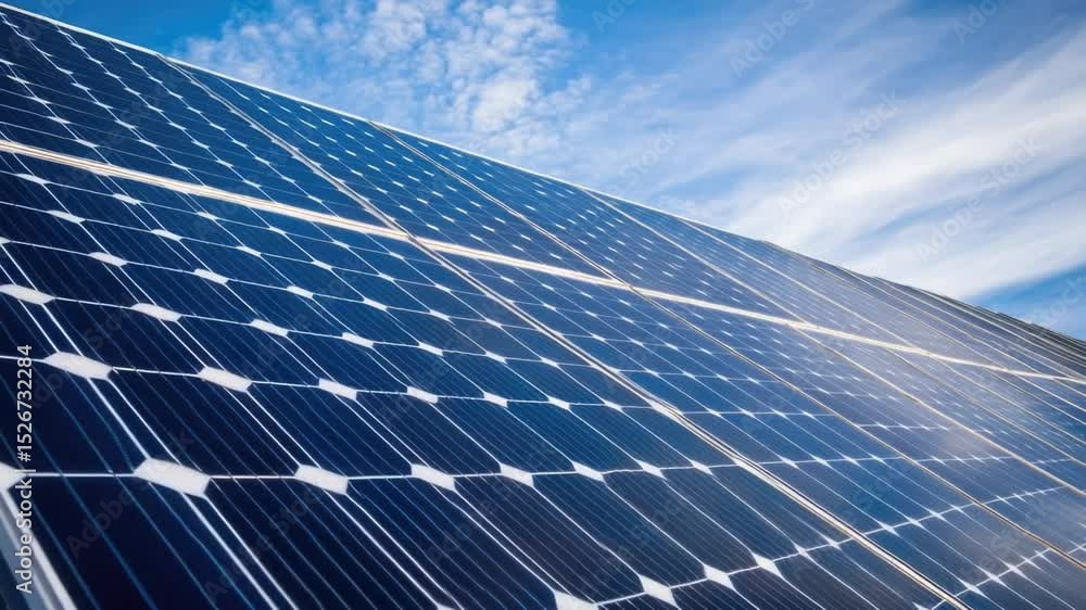Poster close-up view of a solar panel with cloudy sky in the background, suitable for use in technology or 