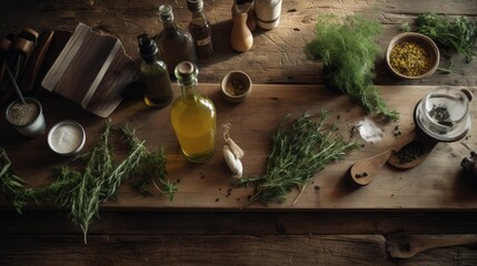 Flat lay of a rustic Italian farmhouse kitchen, worn wooden tabletop, herbs, olive oil bottles