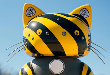 gatto robot edile da costruzione colorato a strisce giallo e nero, striped yellow and black construction robot cat