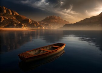 "Solitary Boat at Dusk in a Mountain Bay – Oil Painting"