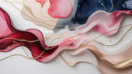 Abstract Alcohol Ink Flow Background with Gold Lines