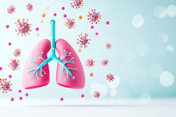 nanotechnology, nanoparticles and medicine Digital illustration of lungs surrounded by virus particles on a soft background.
