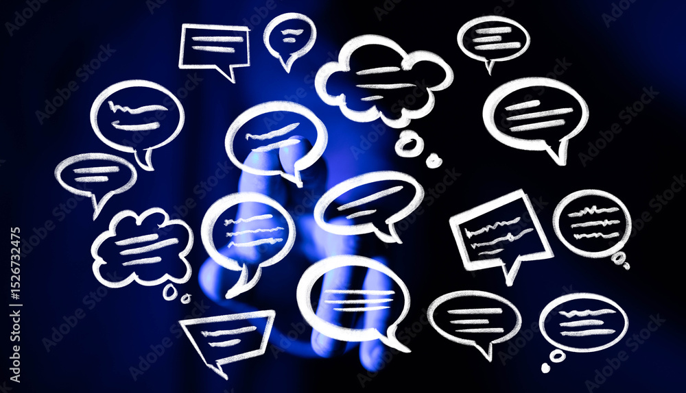 Poster abstract image of speech bubbles and a hand, symbolizing communication and ideas.