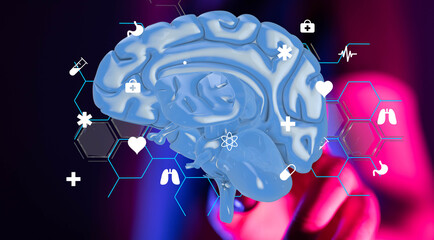 High-quality 3D rendering of a human brain with medical icons. Perfect for healthcare, medical, and...