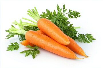 Raw fresh carrots with green tops, isolated on white for organic vegetable concept
