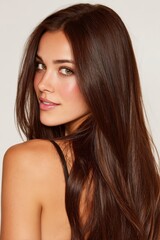 Fototapeta premium Elegant Woman with Long Smooth Hair Cascading Down Her Shoulders