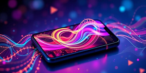Smartphone displaying complex data streams visualized as swirling vectors, vibrant color gradients, smartphone,  algorithm