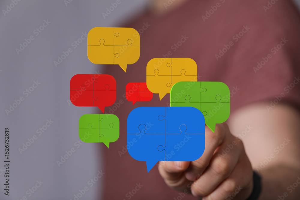 Aufkleber Visual representation of teamwork, problem-solving, and communication through interconnected puzzle pieces.