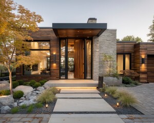Modern House Entrance with Wooden Gate Surrounded by Landscaping