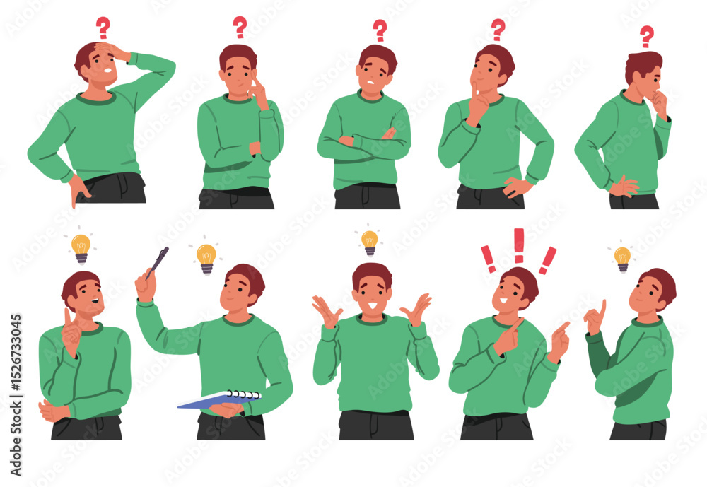 Poster young thinking man cartoon character having question searching solution brainstorming isolated set