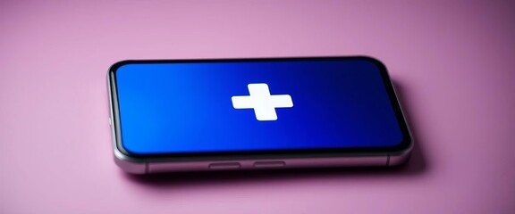 Fototapeta premium Smartphone displaying medical cross icon, digital healthcare app concept, mobile, symbol