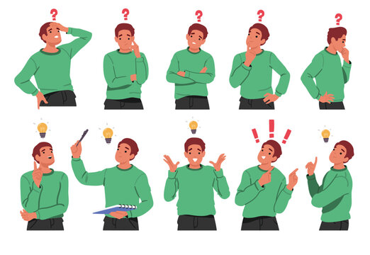 Young thinking man cartoon character having question searching solution brainstorming isolated set