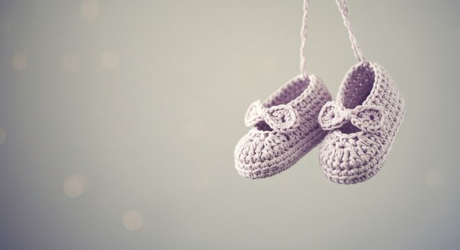 Adorable knitted baby shoes suspended in mid-air evoke feelings of new beginnings and anticipation.